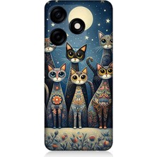 Tecno Spark 10C Uyumlu Ay Altında Kedi Ailesi  Desenli Silikon Kılıf
