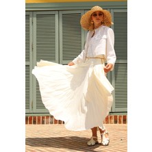 Bele Oturan Volanlı Etek Vanilya