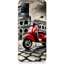 Vivo V21E Uyumlu Kırmızı Vespa Roma Sokakları  Desenli Silikon Kılıf
