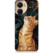 Vivo V16 Uyumlu Aya Bakan Meraklı Kedi  Desenli Silikon Kılıf