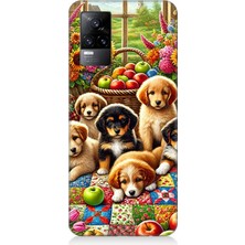 Vivo V21E Uyumlu Çiçek Bahçesinde Yavru Köpekler  Desenli Silikon Kılıf