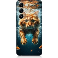 Vivo V30 Lite Uyumlu Suda Yüzen Kedi  Desenli Silikon Kılıf