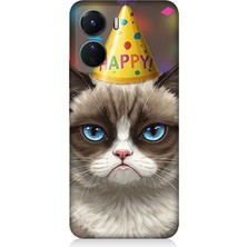 Vivo V16 Uyumlu Doğum Günlü Somurtkan Kedi  Desenli Silikon Kılıf