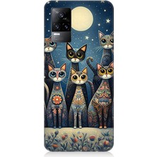 Vivo V21E Uyumlu Ay Altında Kedi Ailesi  Desenli Silikon Kılıf