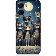 Vivo V16 Uyumlu Ay Altında Kedi Ailesi  Desenli Silikon Kılıf