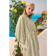 Yakası Geniş Pile Detaylı Elbise Okaliptüs