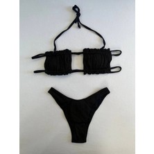 Kadın Siyah Ip Bağlamalı Büzgülü Straplez Bikini Takım HZL25S-LC2226