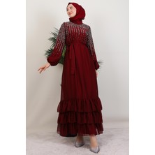 Suna Incili Şifon Elbise Bordo