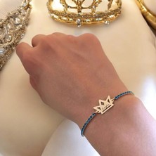 Archin Leyla İsmine Özel Mavi Taş Desenli Taç Figürlü 14 Ayar Altın Plakalı Hediye Bileklik-466İsim