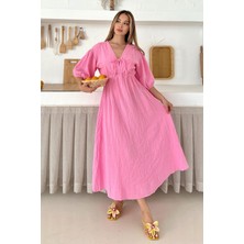 Beli Lastikli Bağcık Detaylı Yarım Kol Müslin Elbise Pembe 9331-E