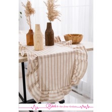 40X125 Şık Tasarım Ekstra Büyük Bej Çizgili Fırfırlı Runner, %100 Keten Runner, Dekoratif Runner
