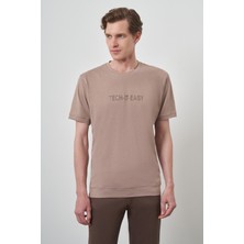  Erkek Bej Trend Bisiklet Yaka Baskılı Tshirt