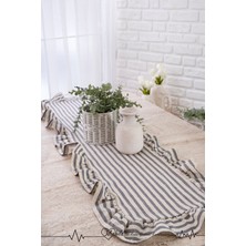 40X125 Şık Tasarım Ekstra Büyük Gri Çizgili Fırfırlı Runner, %100 Keten Runner, Dekoratif Runner