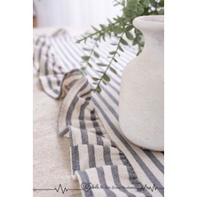 40X125 Şık Tasarım Ekstra Büyük Gri Çizgili Fırfırlı Runner, %100 Keten Runner, Dekoratif Runner