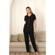 Monox Kadın Kırmızı Fiyonklu Beyaz Puantiyeli Kısa Kol Pijama Takımı