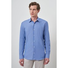  Erkek Mavi Pamuk Trend Slim Fit Sert Yaka Gömlek