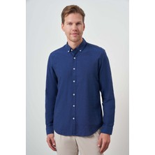  Erkek Indigo Keten Trend Dynamic Fit Düğmeli Yaka Gömlek