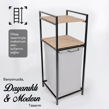 Ahşap Raflı Kirli Sepeti - 2 Katlı Raflı Çamaşır Sepeti Çok Amaçlı Banyo Düzenleyici 55 Litre Gri