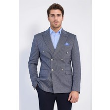 Lacivert Çizgili Gümüş Rengi Metal Düğmeli Slim Fit Kruvaze Blazer – Wessi