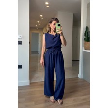 Lacivert Sıfır Kollu Önü Düğmeli Bol Paça Bluz Pantolon Takım