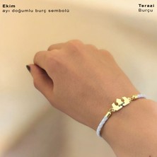 Archin Ekim Ayı Doğumlarına Taç Motifli 14 Ayar Altın Plakalı Doğal Beyaz Derili Hediye Bileklik-465AY