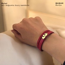 Archin Eylül Ayı Doğumlarına Koyu Kırmızı Derili Taç Figürlü 14 Ayar Altın Plakalı Hediye Bileklik-470AY