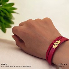 Archin Oğlak Burçları İçin Taç Figürlü 14 Ayar Altın Plakalı Koyu Kırmızı Derili Hediye Bileklik-470BURÇ