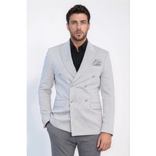 Gri Çizgili Gümüş Rengi Metal Düğmeli Slim Fit Kruvaze Blazer – Wessi