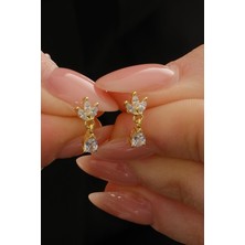 Altın Kaplama Lotus Çiçeği Damla Sallantılı Mini Gümüş Küpe 7357