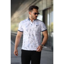 Erkek Beyaz Mavi Yaprak Desenli Slim Fit Polo Yaka Tişört - 2529