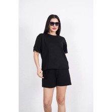 Osy Modal Yumuşak Dokulu Kumaş Kadın Bisiklet Yaka T-Shirt Kısa Şort Ikili Takım - Siyah