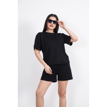 Osy Modal Yumuşak Dokulu Kumaş Kadın Bisiklet Yaka T-Shirt Kısa Şort Ikili Takım - Siyah