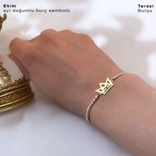 Archin Ekim Ayı Doğumları İçin Taç Motifli 14 Ayar Altın Plakalı Beyaz Taş Detaylı Hediye Bileklik-471AY