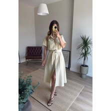 Bej Cep Detaylı Ahşap Kemerli Gabardin Keten Görünümlü Gömlek Elbise