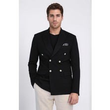 Siyah Düz Kumaş Gümüş Rengi Metal Düğmeli Slim Fit Kruvaze Blazer – Wessi