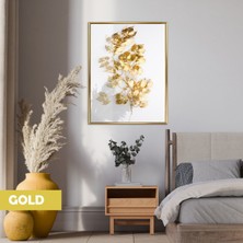 Harikabirev|parlak Gold Yaprak Deseni|çerçeveli Temperli Cam Tablo Tekli Dikey