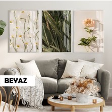 Harikabirev|yeşil-Krem Papatya Gül Kombini (Anthemıs Chıa) |çerçeveli Cam Tablo 3lü Dikey