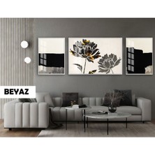 Harikabirev|(Abstract) Gardenya Çiçek Modeli|çerçeveli Temperli Cam Tablo 3lü Yatay