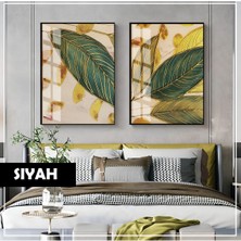 Harikabirev| Gold-Yeşil Yaprak Kombini (Artıstıc Desıng) |çerçeveli Cam Tablo 2li Dikey