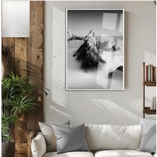 Harikabirev|siyah-Beyaz Dağ Manzara Model (Montane) |çerçeveli Temperli Cam Tablo Tekli Dikey
