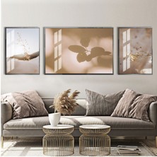 Harikabirev|soft Krem Kuru Bitki-Gölge Kombini|çerçeveli Temperli Cam Tablo 3lü Yatay