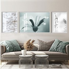 Harikabirev|soft Su Yeşili Çiçekli Kombin Modeli |çerçeveli Temperli Cam Tablo 3lü Yatay