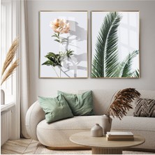 Harikabirev|yaprak ve Şakayık Çiçeği Kombin (Peony) |çerçeveli Cam Tablo 2li Dikey