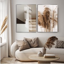 Harikabirev|krem Kuru Pampas-Merdiven Kombini |çerçeveli Cam Tablo 2li Dikey