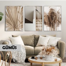 Harikabirev|krem Tonlu Merdiven Kuru Palmiye Kombini 02 |çerçeveli Cam Tablo 3lü Dikey