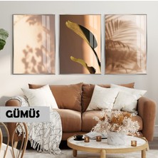 Harikabirev|kahve Ton Yaprak-Gölge Kombini (Starlıce) |çerçeveli Cam Tablo 3lü Dikey