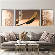 Harikabirev|kahve Ton Yaprak-Gölge Kombini (Starlıce)|çerçeveli Temperli Cam Tablo 3lü Yatay