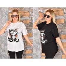 Kedi Baskılı Oversize Kadın T-Shirt Bisiklet Yaka