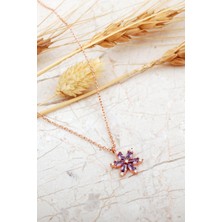 Ametist Taşlı Lotus Çiçeği Rose Gümüş Kolye 8098