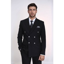 Gümüş Düğmeli Slim Fit Kruvaze Siyah Erkek Takım Elbise – Wessi